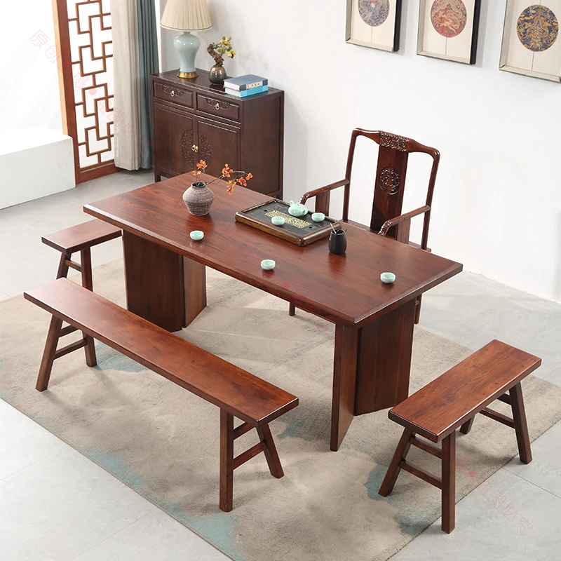 老榆木实木大板茶桌椅组合一桌五椅原木茶几客厅家用办公室泡茶台