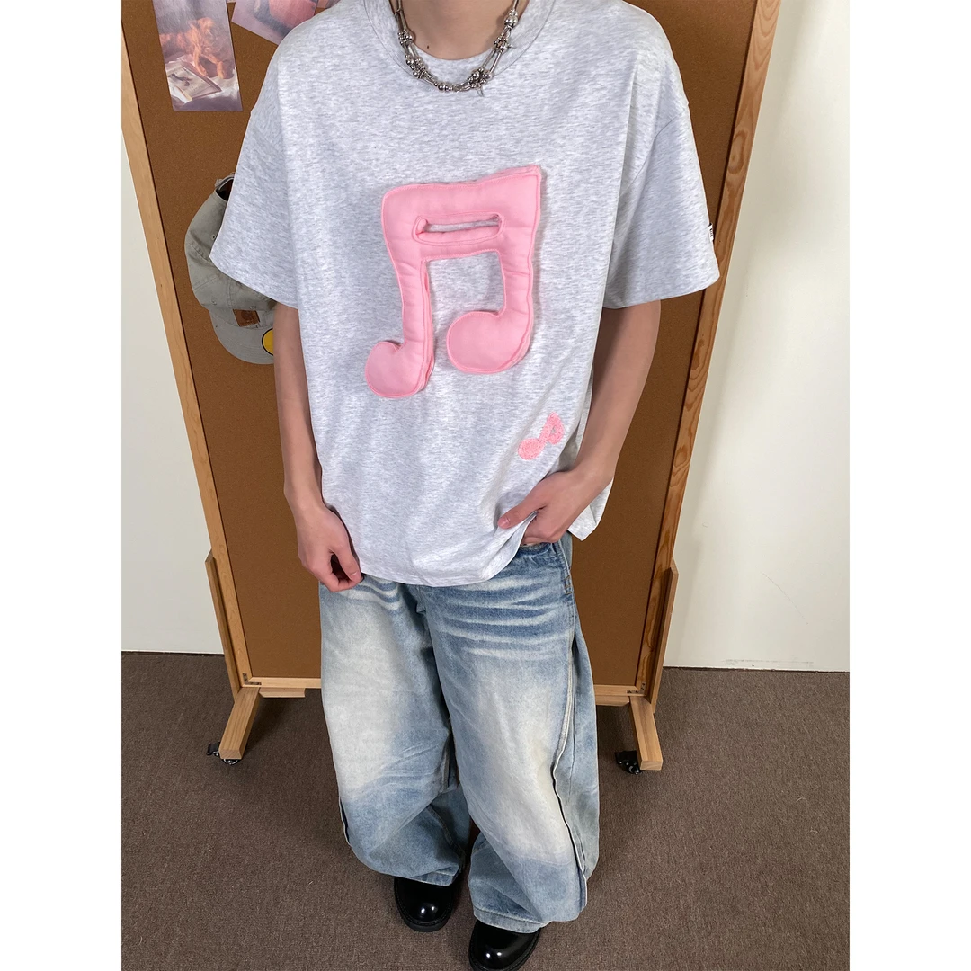 ABCBUFUT 国潮趣味玩偶音符纯棉短袖T恤男女同款休闲夏季宽松半袖