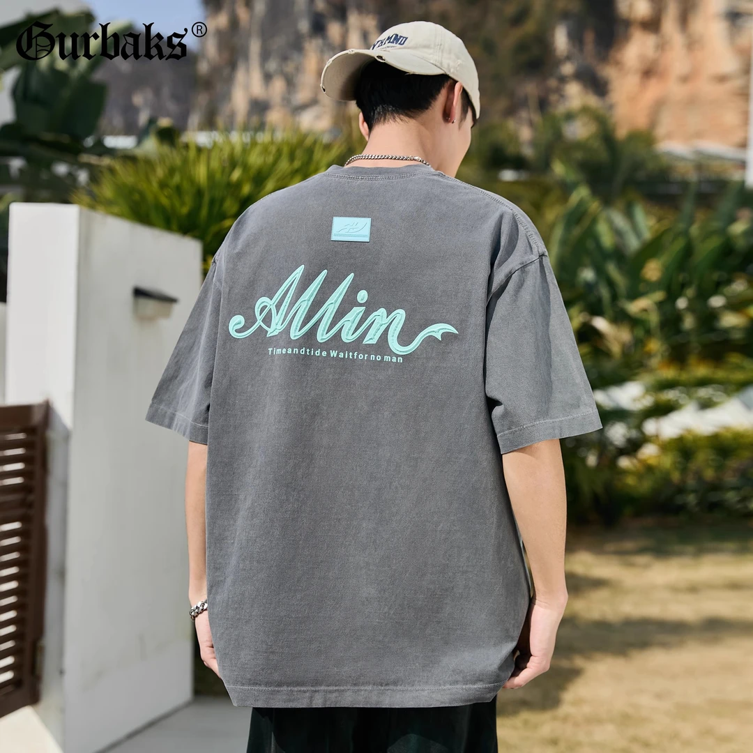 【古克】新款炒盐洗水男士字母印花短袖潮牌圆领宽松纯棉休闲T恤