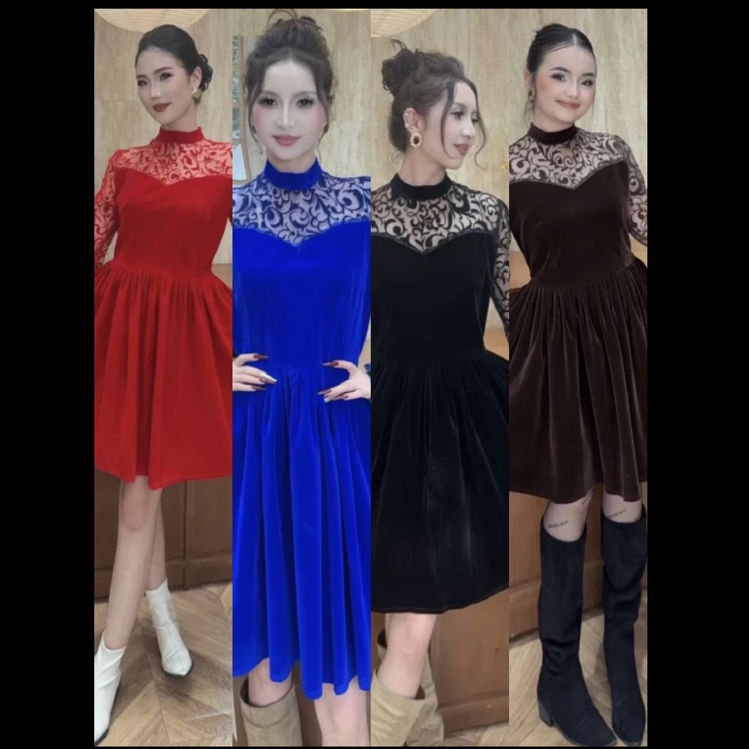 Rayhon优雅蕾丝拼接轻熟风长袖圆点撞色显瘦气质连衣裙