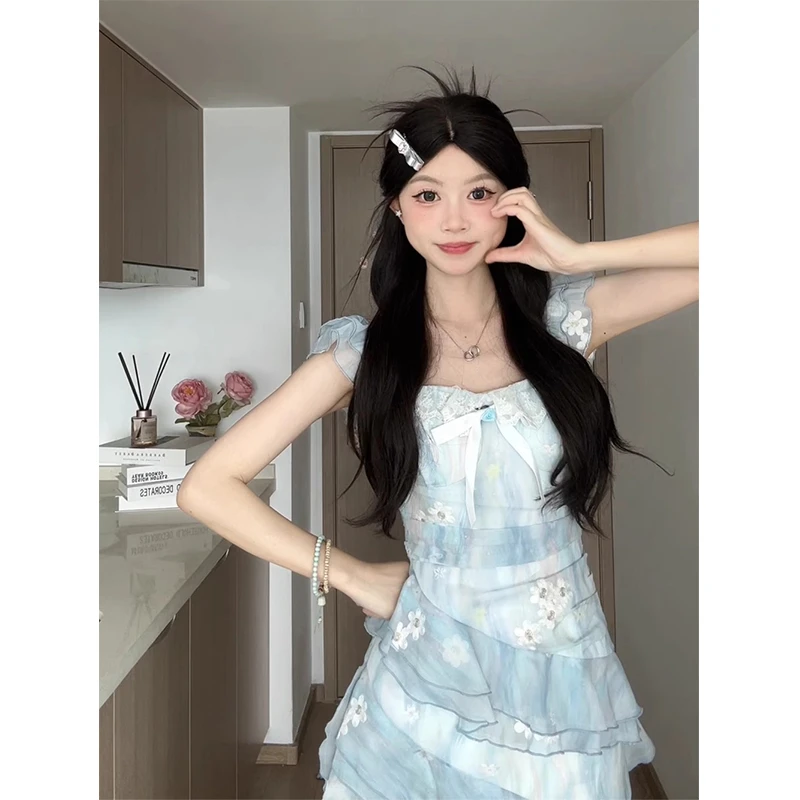 法式度假长拖尾无袖氛围感吊带连衣裙女夏季新款修身显瘦A字短裙