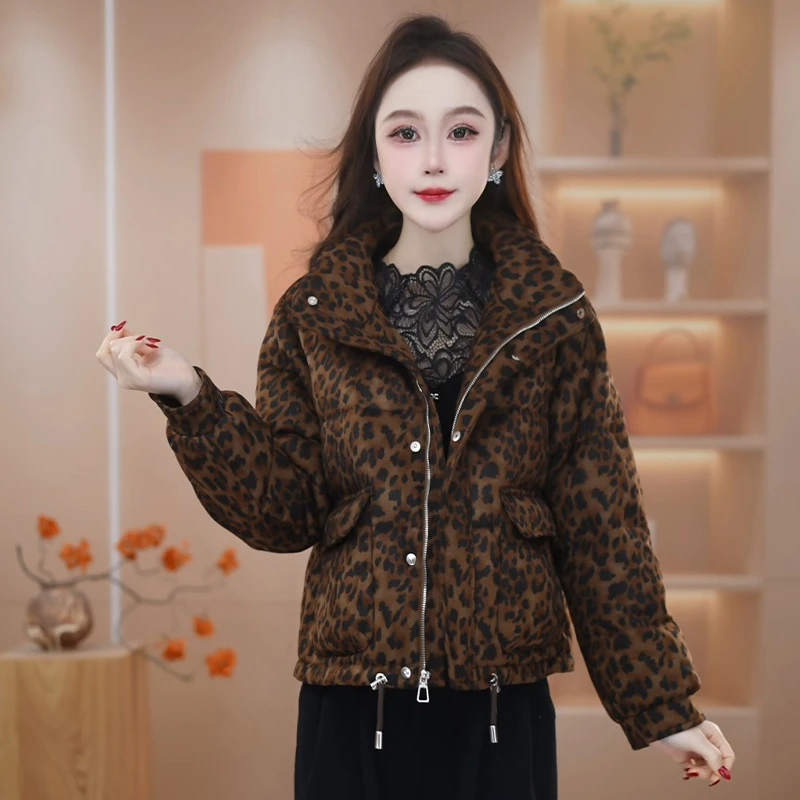 妍2025年冬季新款时尚气质轻奢豹纹百搭加厚保暖短款羽绒服M-3XL