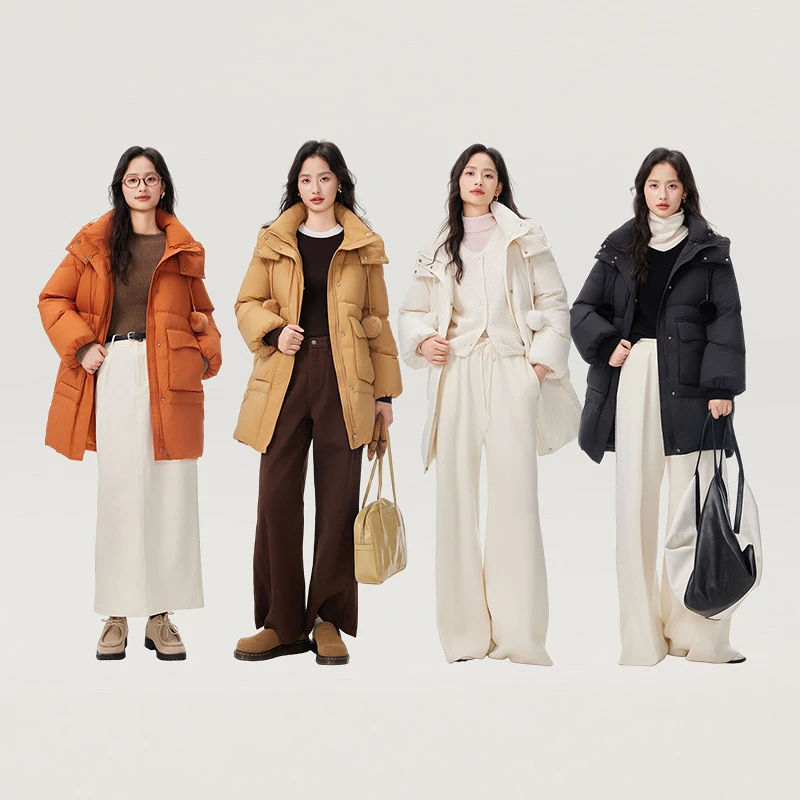 艾莱依羽绒服长款时尚羽绒外套休闲冬季保暖收腰毛球俏皮好搭3094