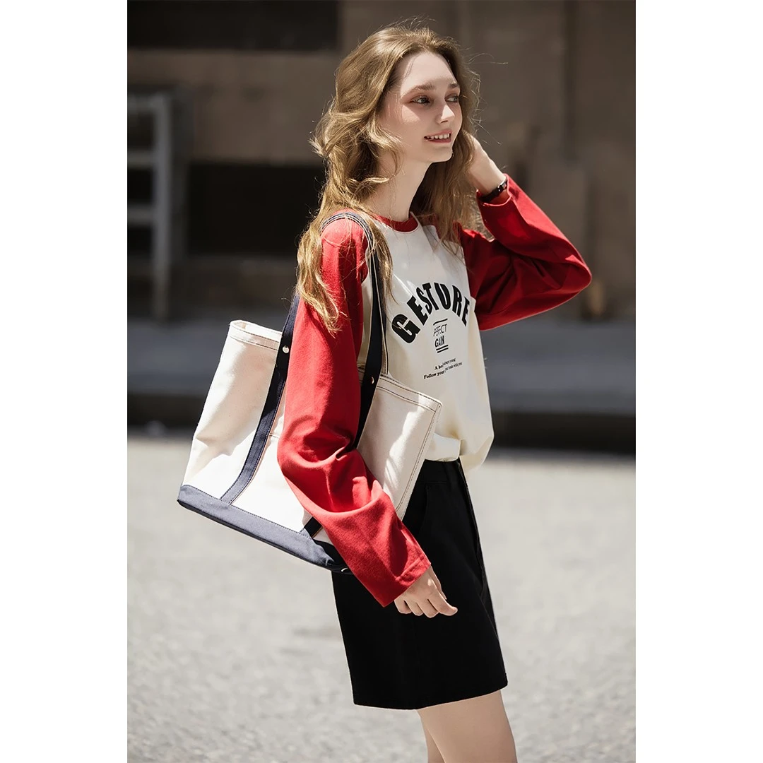 TONLION唐狮新款长袖T恤女撞色拼接内搭打底衫显瘦插肩袖上衣潮