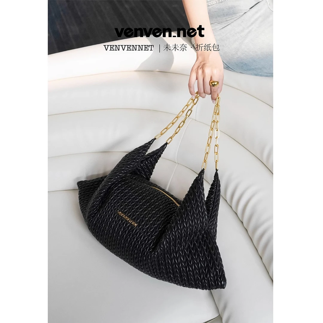 venvennet/未未奈黑金链条包折纸包单肩包小众小香风气质手提手包