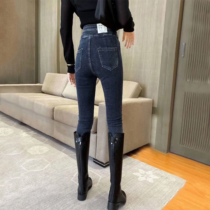 057高腰显瘦加绒牛仔裤女秋冬百搭修身弹力小脚长裤