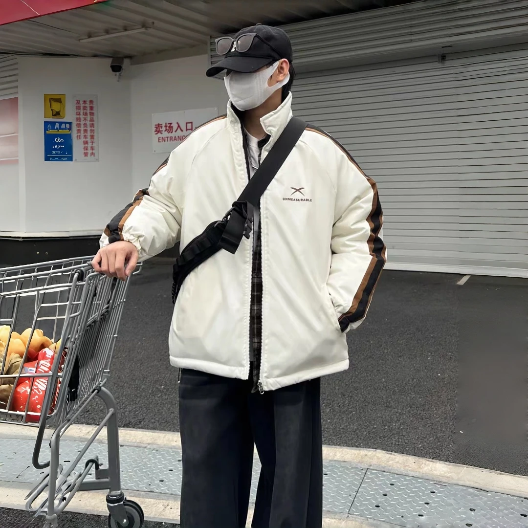 潮牌立领两面穿撞色条纹棉服冬季加厚美式休闲保暖情侣棉衣外套