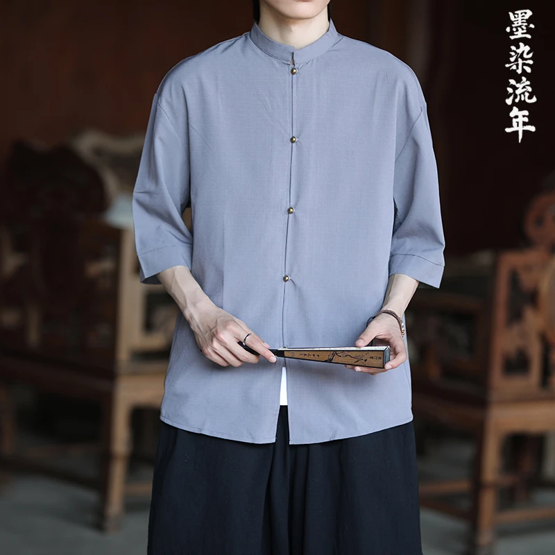 中国风唐装衬衫男短袖夏季新款大码宽松高级感铜扣立领五分袖衬衣