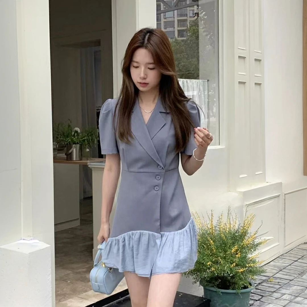 【晨浠定制】新款时尚韩系收腰显瘦泡泡袖西装连衣裙2608