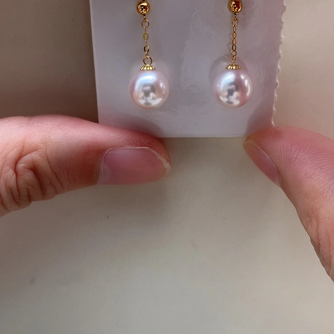 18K金镶嵌耳饰海水珍珠8-8.5mm ak大风吹