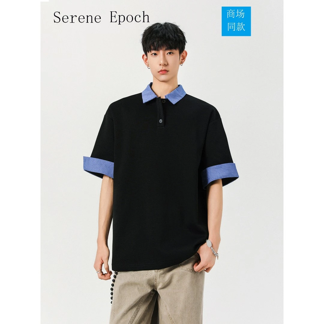 日系短袖夏季撞色翻领宽松男女T恤拼接拼色假两件运动夏季