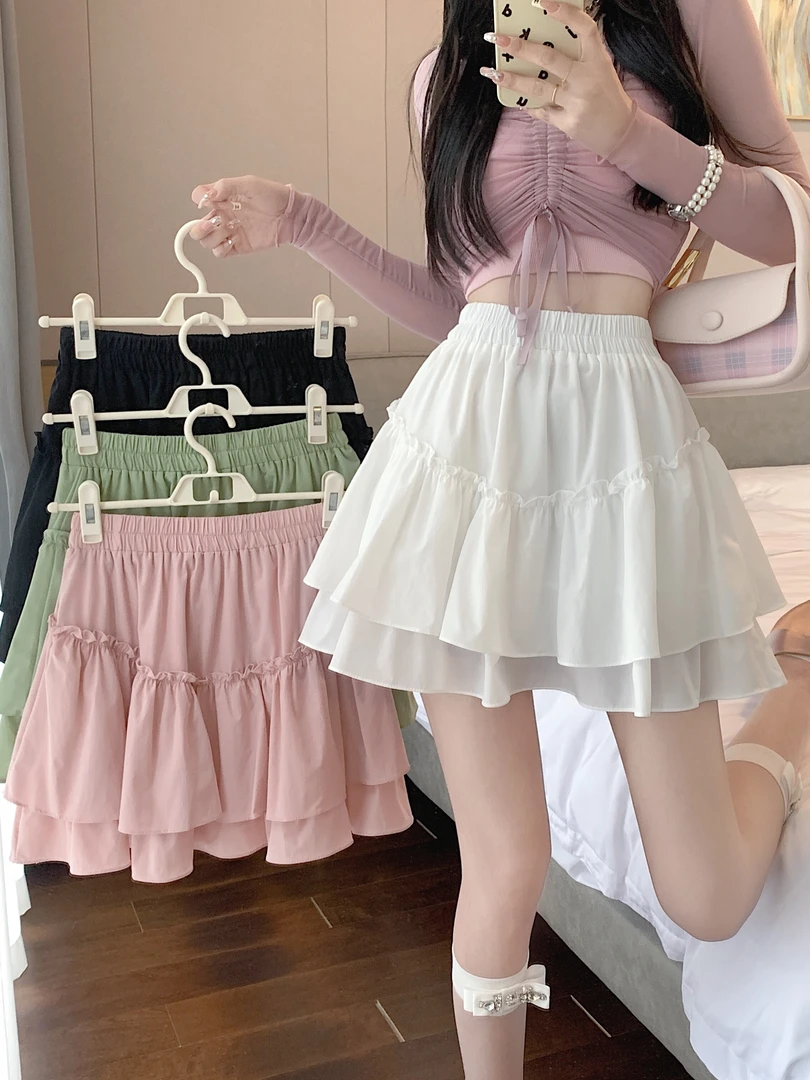 大码蓬蓬蛋糕裙半身裙女夏季松紧高腰显瘦a字百褶短裙裤花苞裙子