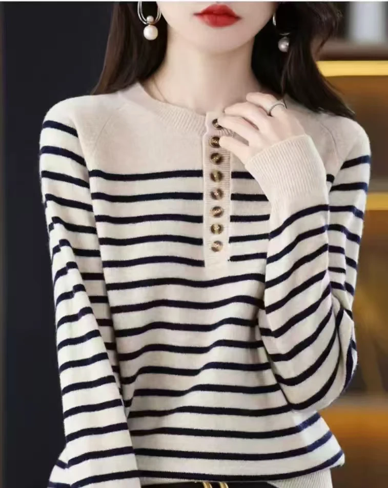 2113针织韩版套头毛衣条纹宽松女士长袖