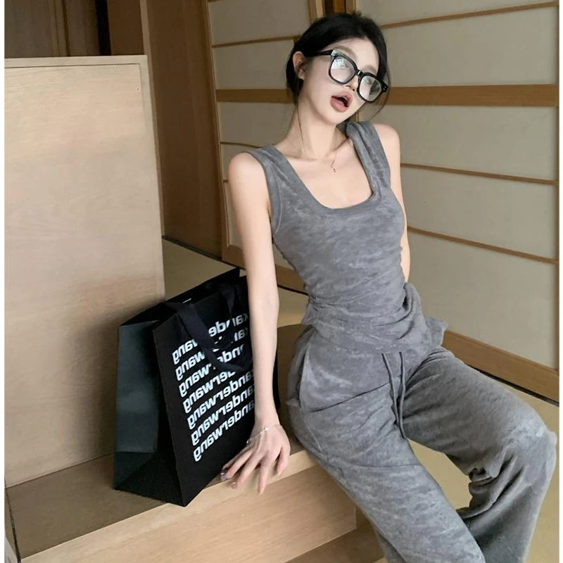 辣妹吊带背心上衣女套装夏季新款高腰直筒阔腿长裤运动休闲两件套