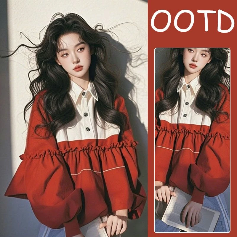 2025春季新款小衫超好看独特漂亮洋气设计感红色泡泡袖拼接娃娃衫