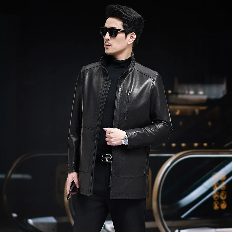 海宁真皮皮衣2024年秋季新款中年男士中长款翻领山羊皮风衣皮外套