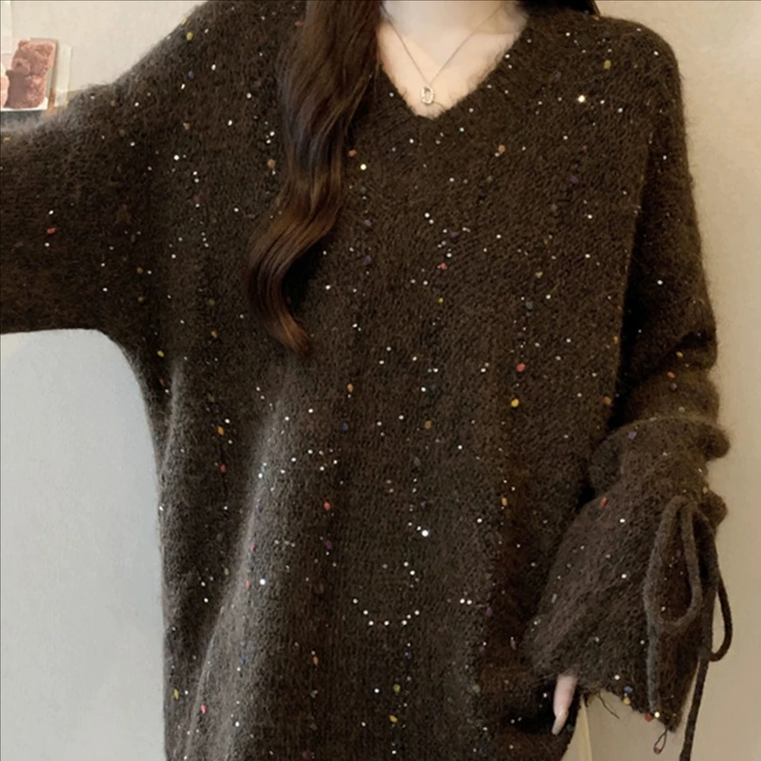 【岩心】大码女装300斤胖MM宽松V领慵懒彩点喇叭袖针织衫10273