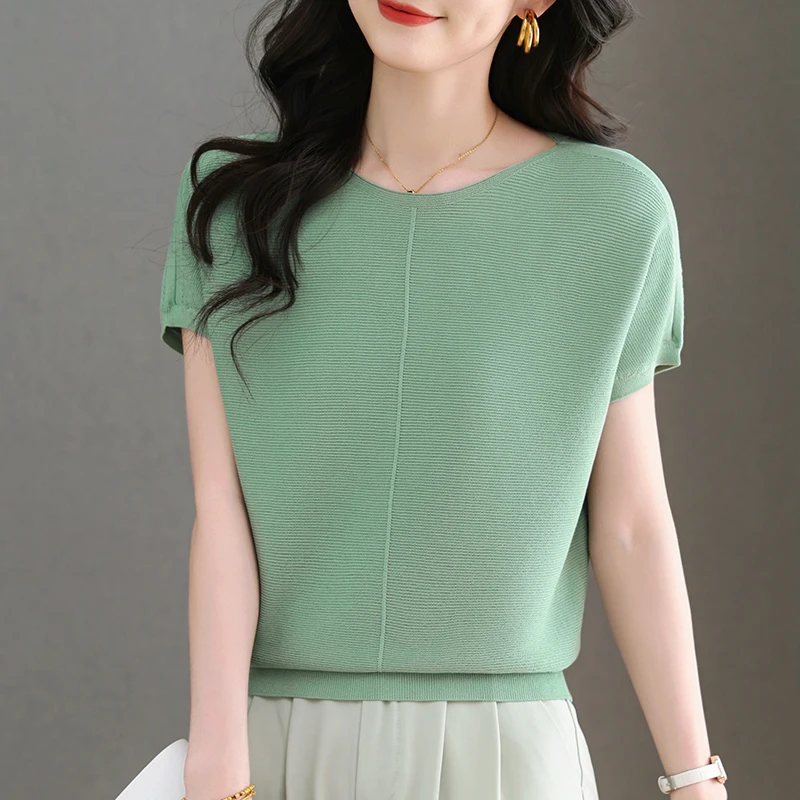 短袖圆领拼接针织森系蝙蝠袖T恤宽松纯色打底衫洋气百搭薄款显瘦