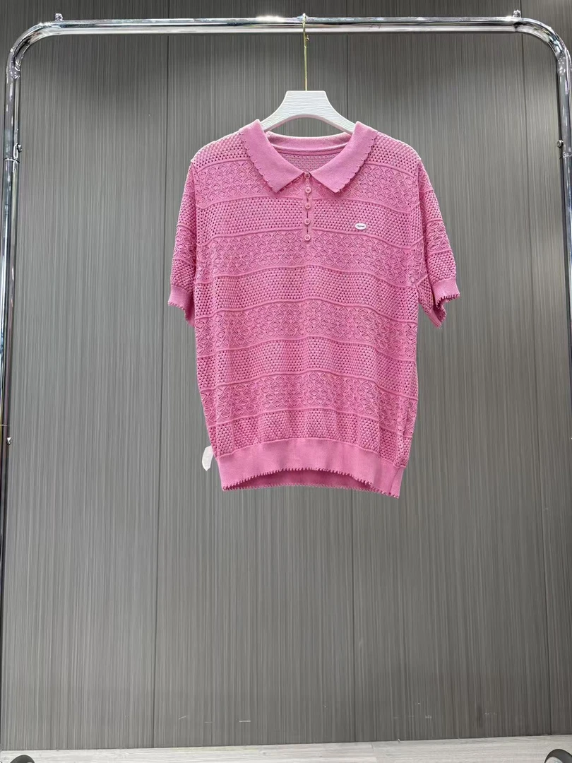 【雅】粉色镂空翻领套头衫