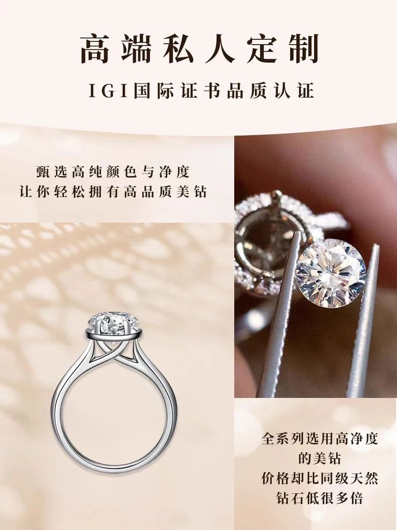 925银莫桑石银制品 《相濡以沫》1克拉光臂简约戒指/合成碳硅石