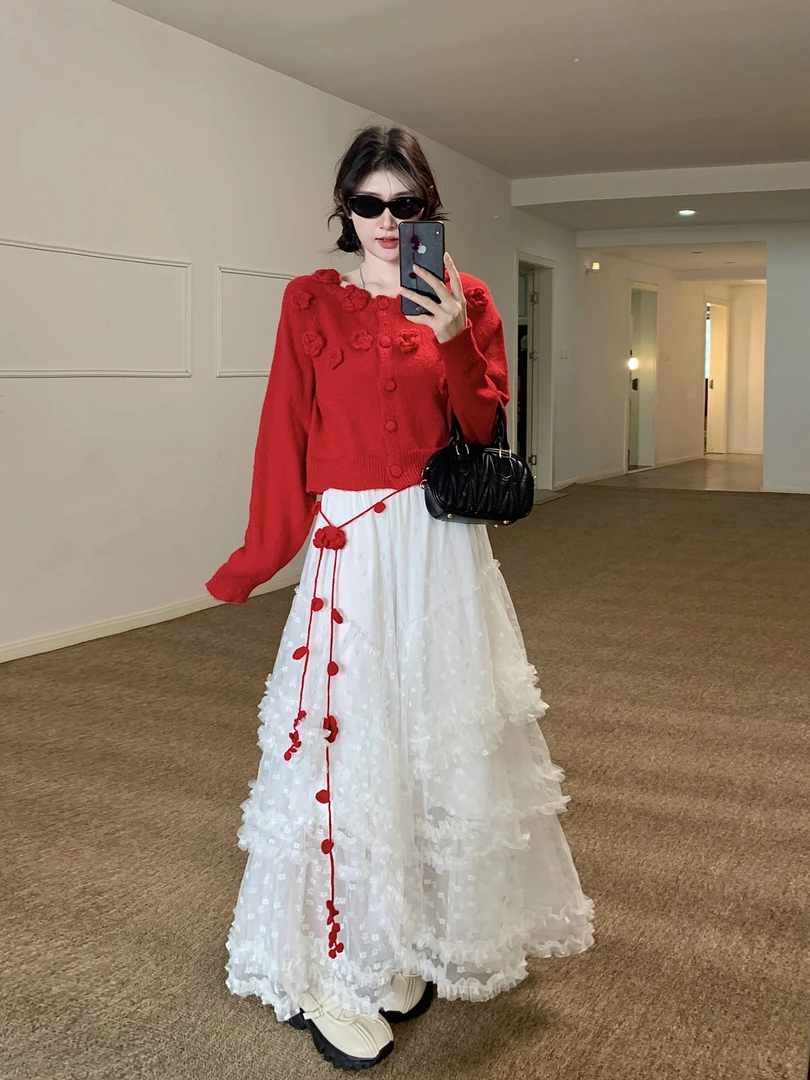 新年花朵设计感长袖针织毛衣蕾丝蛋糕半身裙女2025春季时尚两件套