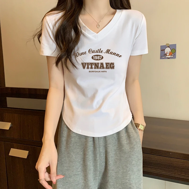 不规则圆弧下摆短袖T恤女士夏季韩版简约修身显瘦V领印花套头上衣