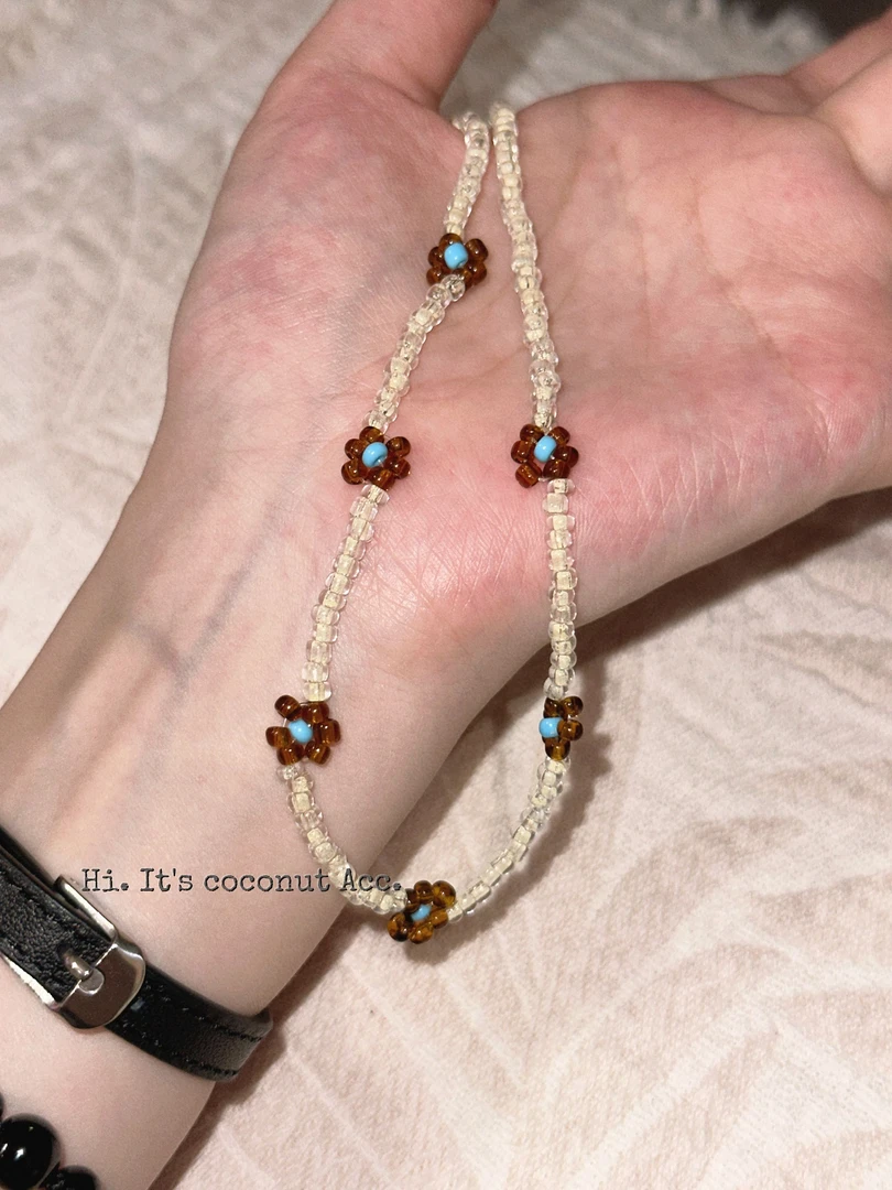 铜合金项链 「椰饰」韩系美拉德咖色串珠花项链ins小饰品