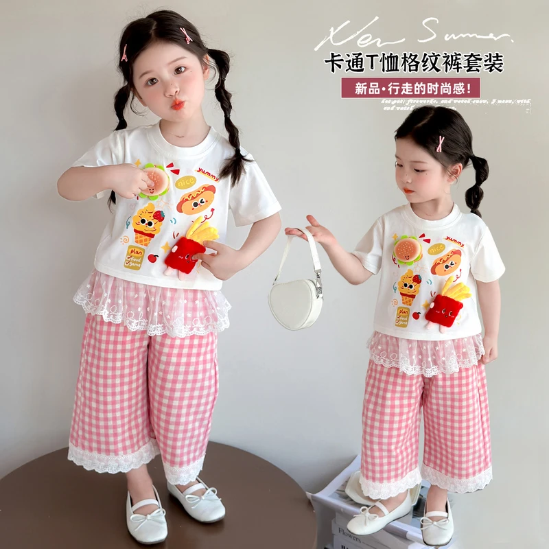 女童短袖套装洋气儿童夏季新款女宝宝花边格子裤两件套小女孩时髦