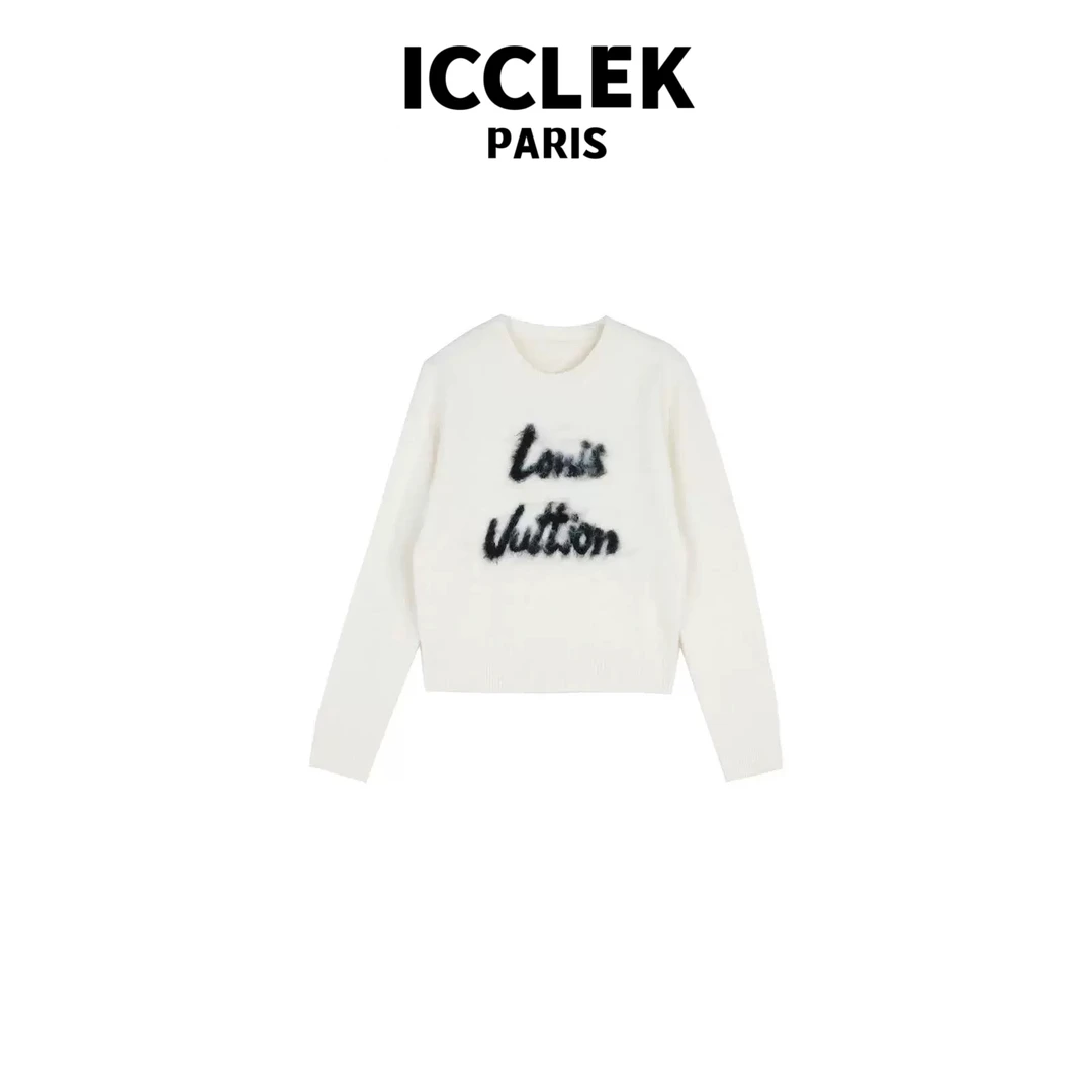 白色圆领连笔字长袖针织衫 气质 轻奢 名媛 -3322