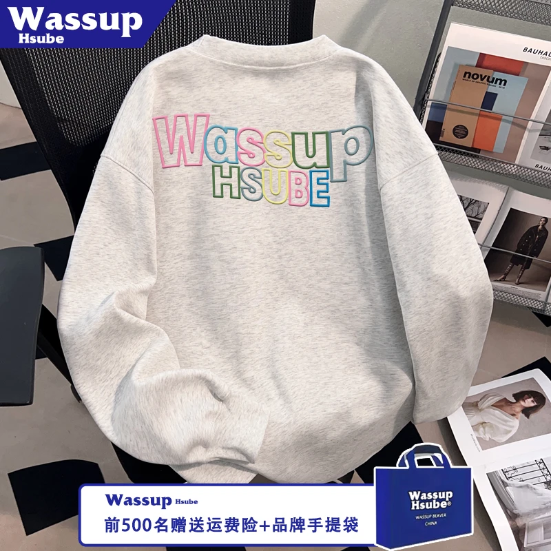 WASSUP HSUBE秋冬季白灰上衣流行彩色印花T恤ins100%纯棉男女长袖