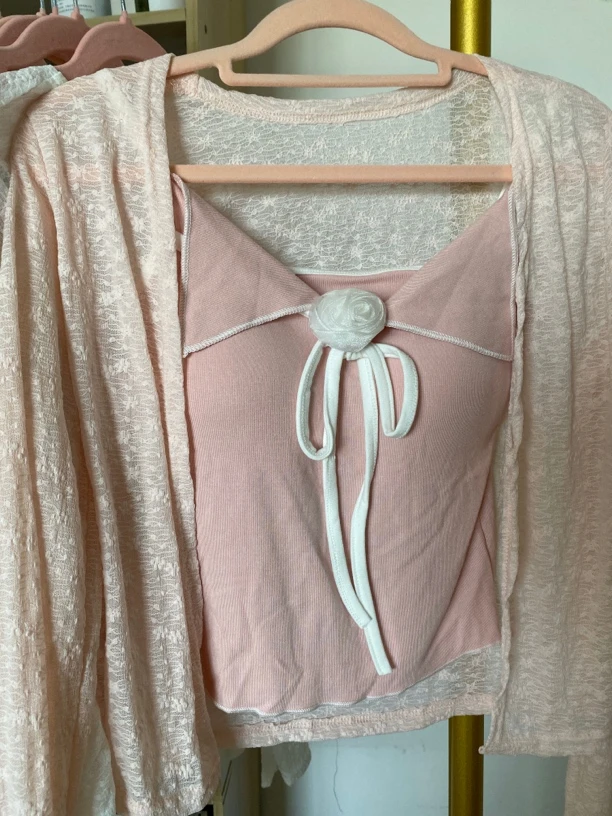 纯欲甜美风自带胸垫吊带两件套春秋款长袖