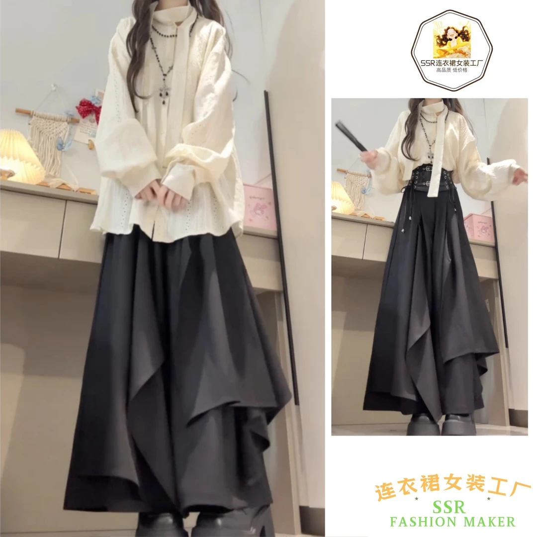 早秋季系带清冷感黑色裙裤高级感百搭上衣三件夏季印花显瘦套装