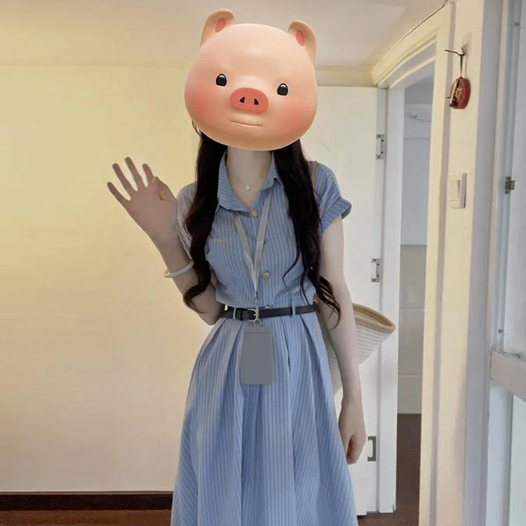 谷幽然大码女装夏季胖MM新款法式休闲百搭通勤显瘦文艺蓝色连衣裙