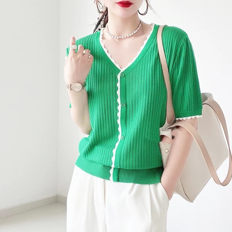 加肥加大码冰丝针织短袖女夏宽松遮肚V领T恤镂空罩衫拼色上衣薄款