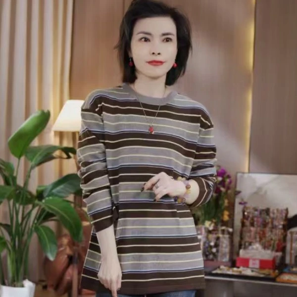秋季羊毛混纺长袖条纹女T衣服S29YA375321