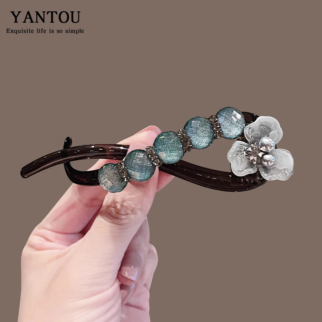 ins原创设计一字夹新中式国风三叶花盘发扭扭夹高级精致百搭发夹