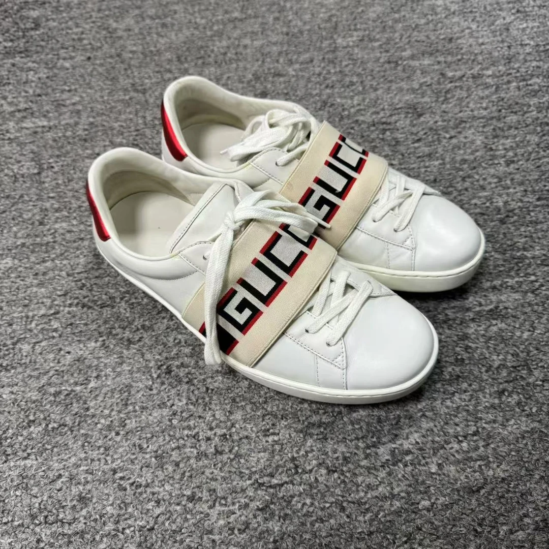 95新 GUCCI/古驰 ACE黑红字母绑带白色板鞋 40 T716