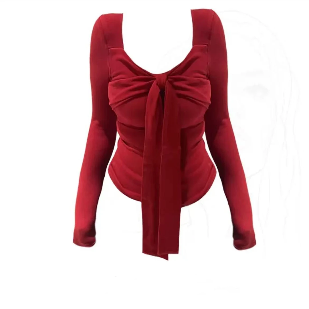 显瘦性感螺纹新年春秋法式红辣妹风收腰长袖V领T恤上衣女8379