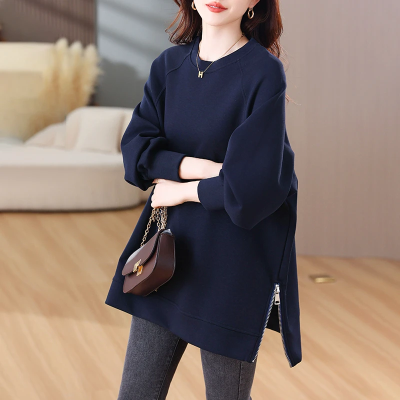 法式洋气时尚大码女装小众设计感高品质侧拉链宽松简约休闲卫衣潮