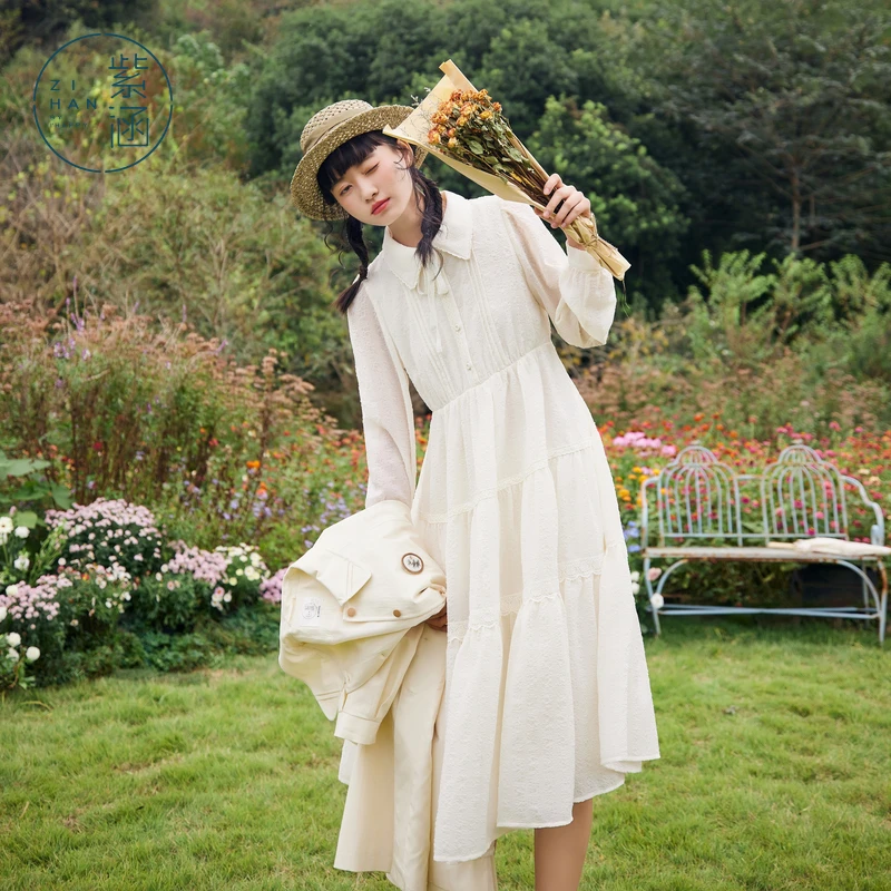 紫涵肌理感雪纺连衣裙春秋季新款花边翻领A字中长裙子Z4Z02AS304