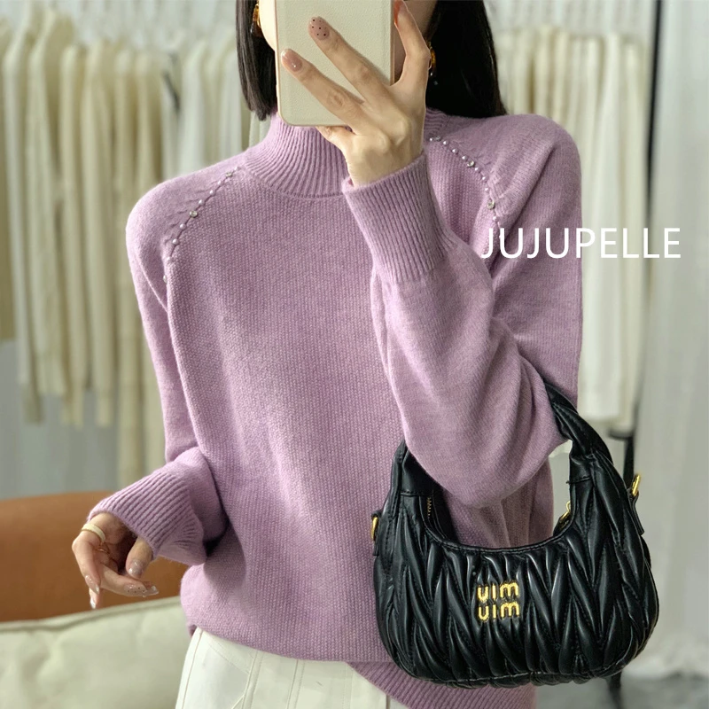 插肩钉珠毛衣2024秋冬新款洋气百搭纯色套头女宽松显瘦针织衫外套