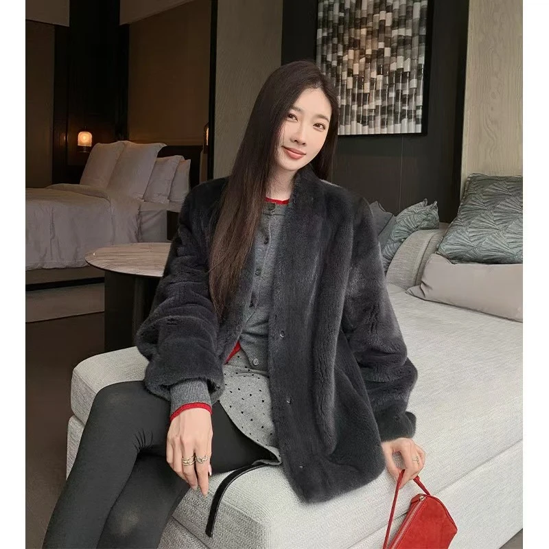 【NaNa】海宁进口丹麦天鹅绒紫标皮草貂皮v领整貂显瘦皮草