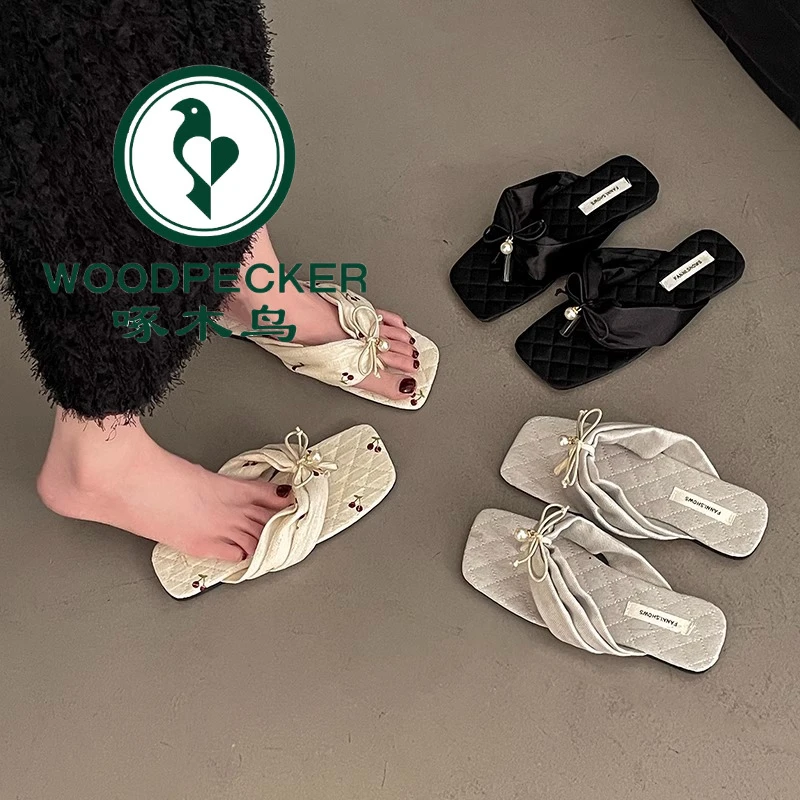 啄木鸟仙女风拖鞋女外穿2025春夏季新款蝴蝶结珍珠饰平底人字拖鞋