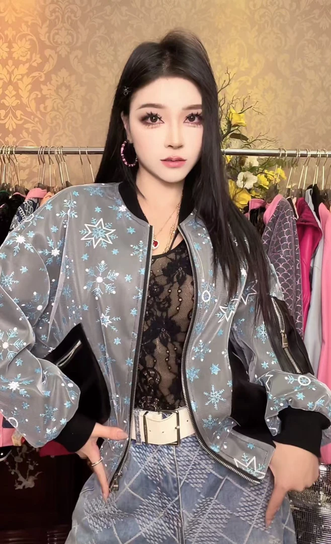 冰雪奇缘常规款短外套拼网纱双口袋上衣百搭显瘦灰色1242