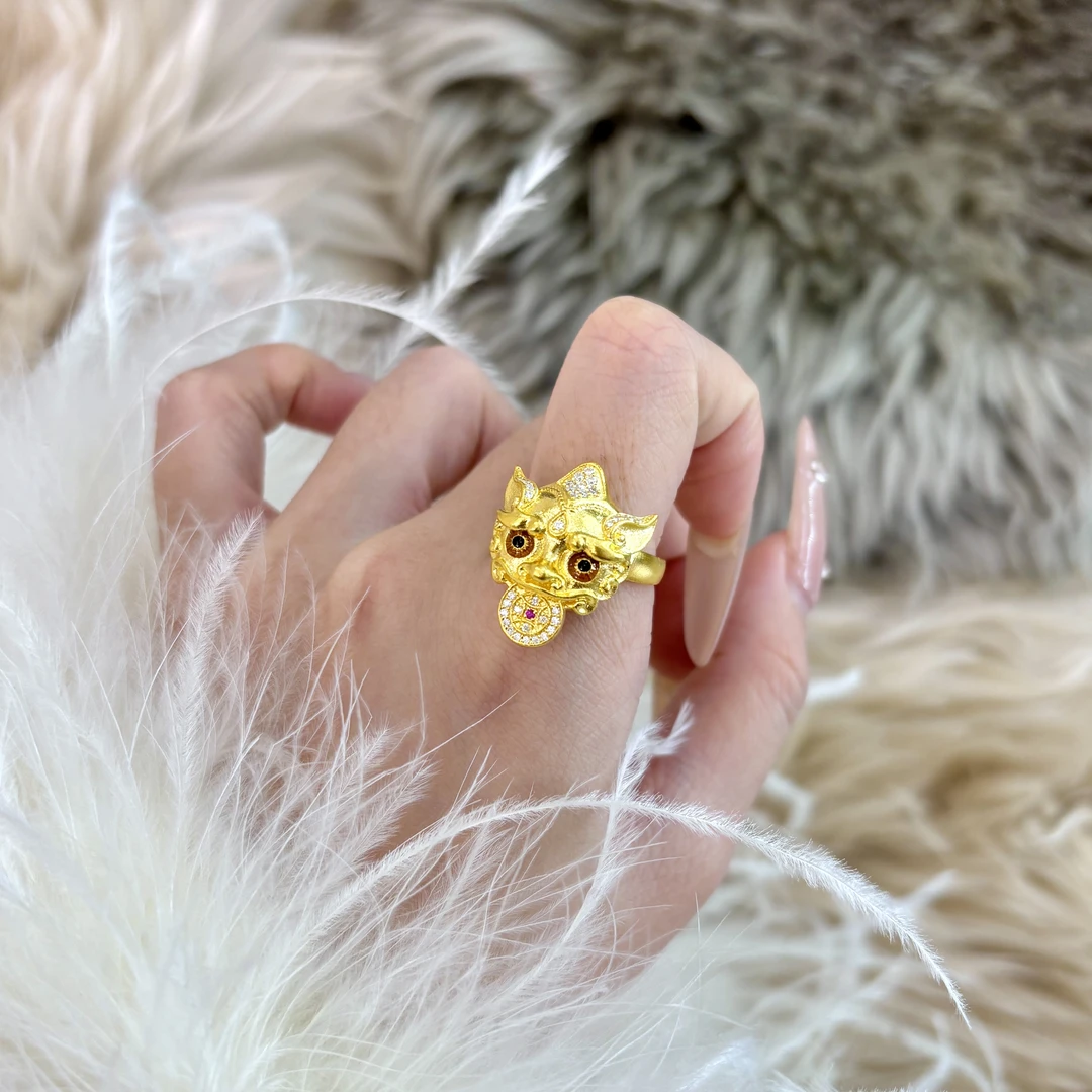 【招财貔貅】旺桂福珠宝足金古法手工黄金点钻貔貅戒指 圈口可调节