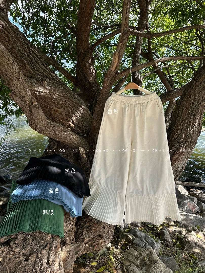 下摆压褶 亚麻拼接宽松纯色阔腿休闲裤百搭显瘦