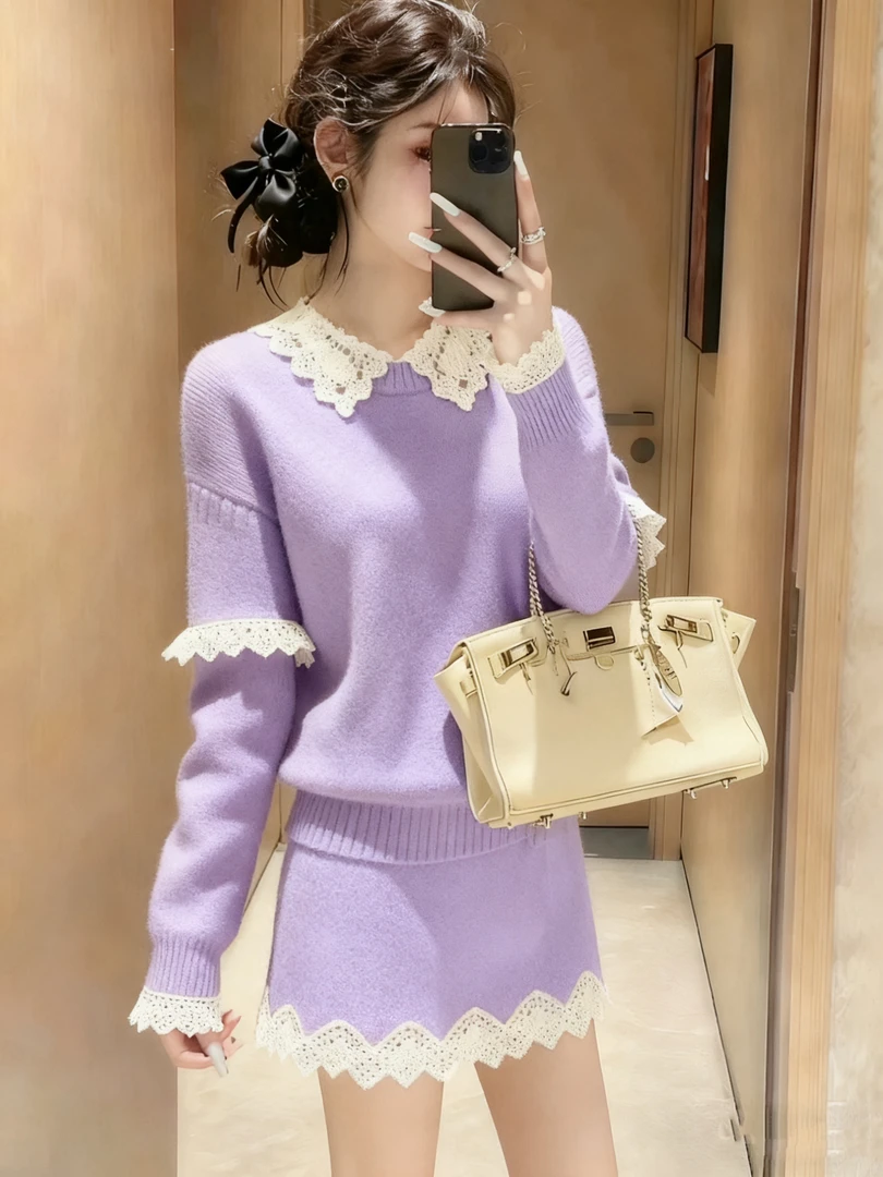 慵懒风毛衣套装女2025新款秋冬穿搭蕾丝花边针织上衣半身裙两件套