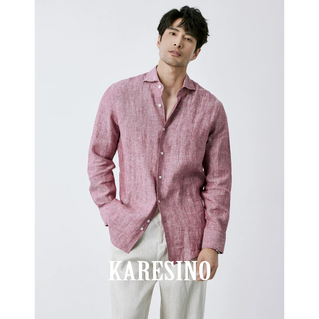 KARESINO高定双纱100％亚麻衬衣老钱风男装意式商务绅士衬衫长袖
