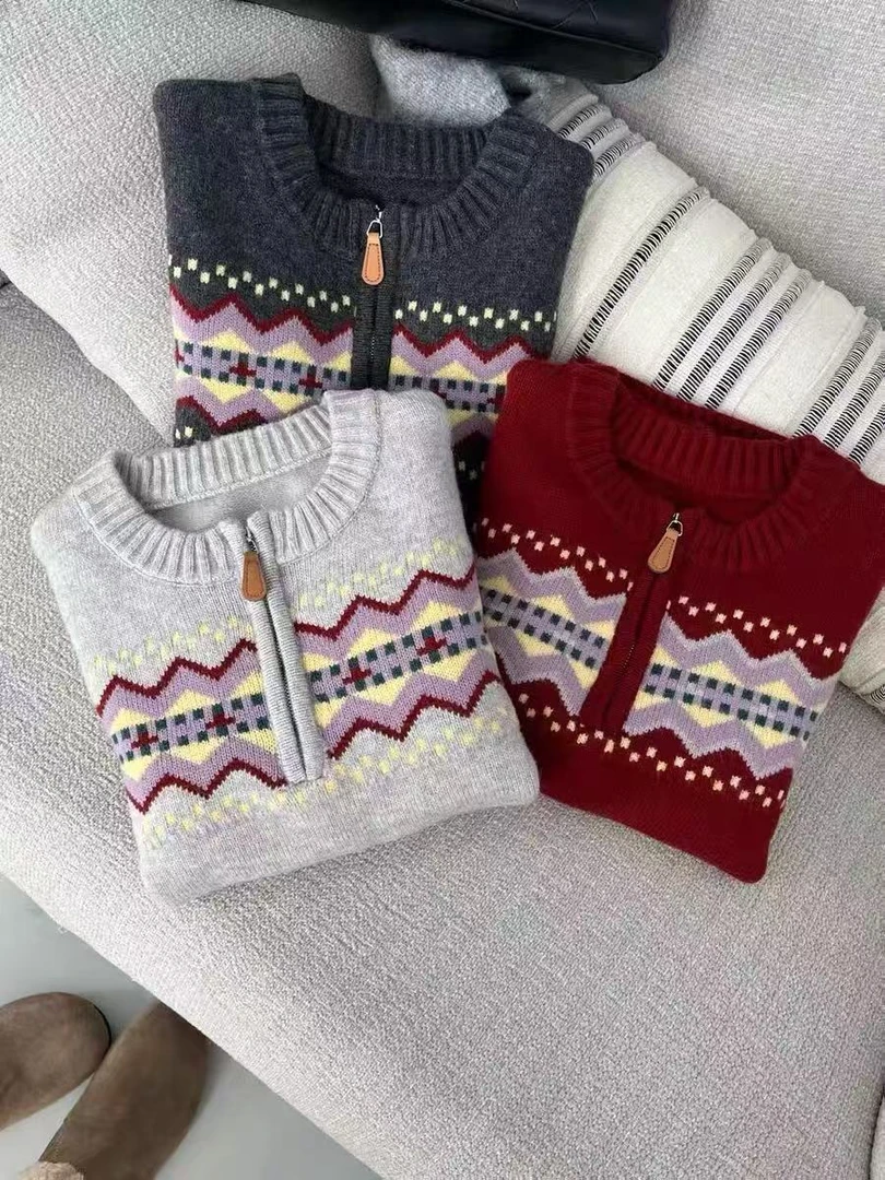 七言家 Z新年红费尔岛提花皮拉链毛衣2