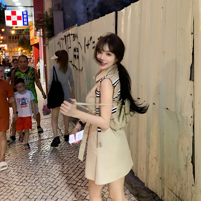 Liuu嘻嘻阿复古老钱风质感衬衫裙女夏季无袖收腰腰带显瘦背心短裙